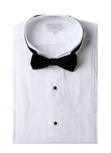 Tuxedo Shirt Men's White Slim Fit Wingtip Collar with Black Bow Tie Studs Convertible French Cuff