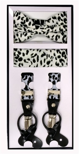 Leopard Print Mens Suspenders and Bowtie and Pocket Square