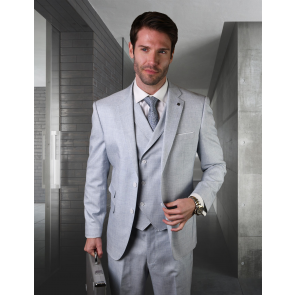 Men's Powder Blue Suit 3 Piece Linen Suit with Double Breasted Vest