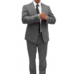 Mens Plaid Windowpane Modern Fit Suit Notch Lapel Light Gray Modern-Fit by Andrew Fezza