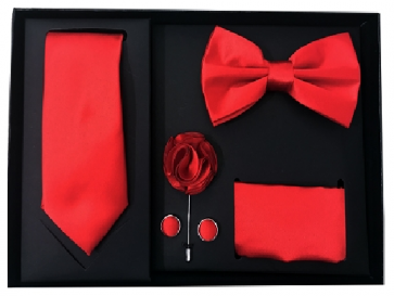 Mens Red 5 Piece Gift Box Set Tie Bow-Tie Lapel Pin Handkerchief and Cufflinks