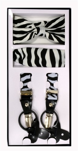 Zebra Print Mens Suspenders, Bowtie and Pocket Square Set- Quinceaneras-proms-