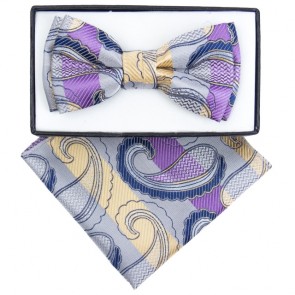 Boys Purple and Silver Paisley Pattern Bowtie and pocket square