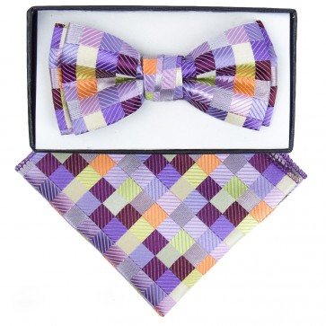 Boys Light Purple Checkered Pattern Bowtie and pocket square