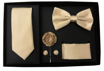 Mens Beige 5 Piece Gift Box Set Tie Bow-Tie Lapel Pin Handkerchief and Cufflinks
