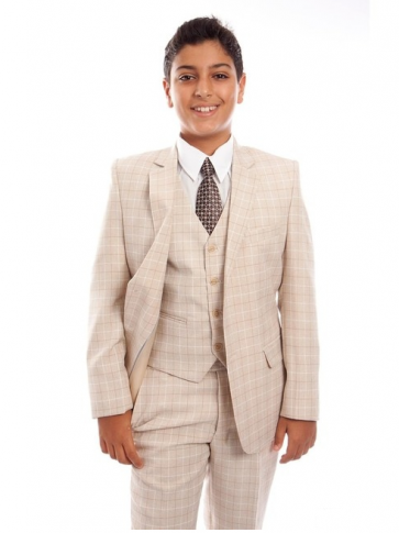 Boys Beige Windowpane Suit 5-Piece Set High Quality - Kids - Toddler - Children - Wedding