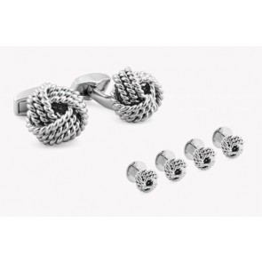 Knotted Silver Cuff Links and Studs Rhodium Plated Set