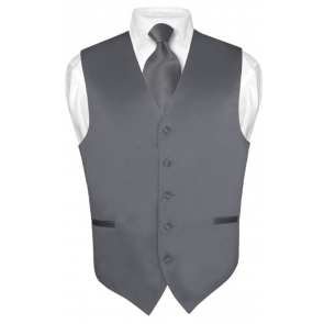Mens Solid Satin Charcoal Vest & Self Tie necktie Set
