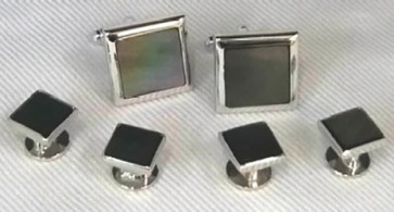 Cufflinks Studs BLACK MOTHER of PEARL SQUARE Set Silver