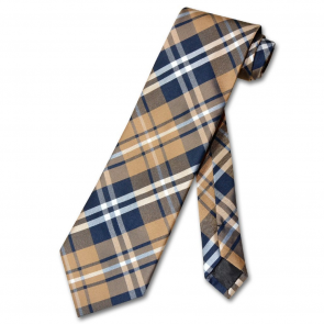 Mens Skinny Brown and Navy Plaid Microfiber Selftie Necktie
