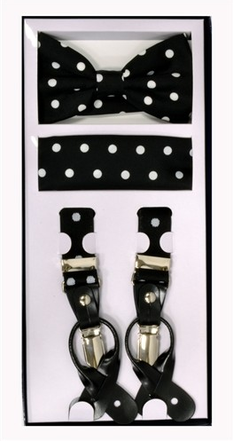 Mens Black and White Polka Dot Suspenders Bowtie and Pocket Square