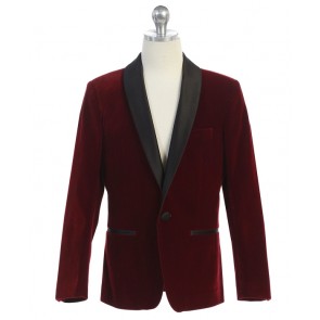 Boys Burgundy Coat with Black lapel Velvet Shawl lapel Sports Coat Only- Blazer- Jacket-Kids