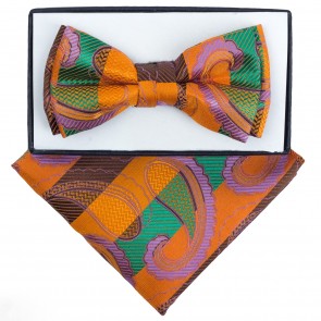 Boys Orange and Purple  Paisley Pattern Bowtie and pocket square
