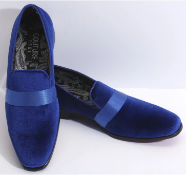 Mens New Navy Blue Couture 1901 Velvet Slip on Dress shoe with Satin Strap