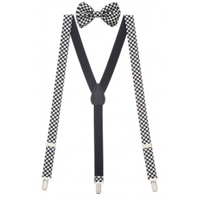 Mens Black and White Checkered Suspenders Set