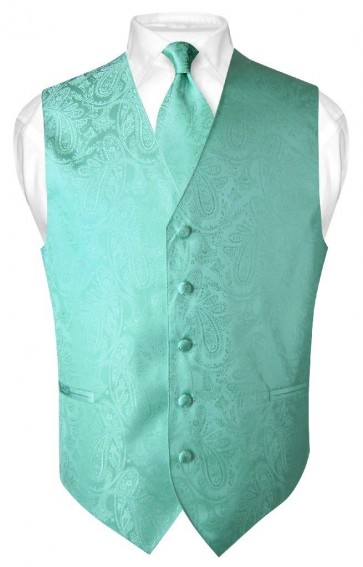 Mens Paisley Tone On Tone Aqua Mint Vest with Tie Set