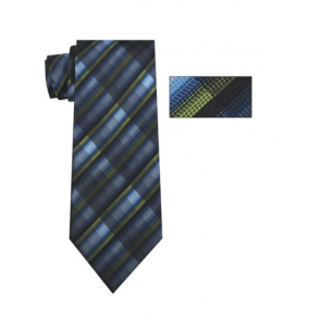 Mens Navy, Green and Black Striped Skinny Necktie with Matching Pocket Square
