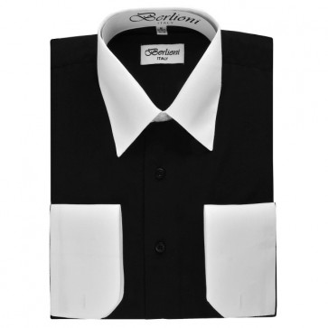 White Collar and Cuff Contrast Dress Shirt Mens Convertible Cuff Can Take Cuff Links