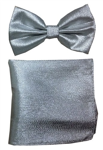 Polyester Metallic Lame Silver Bowtie with Pocket Square Set