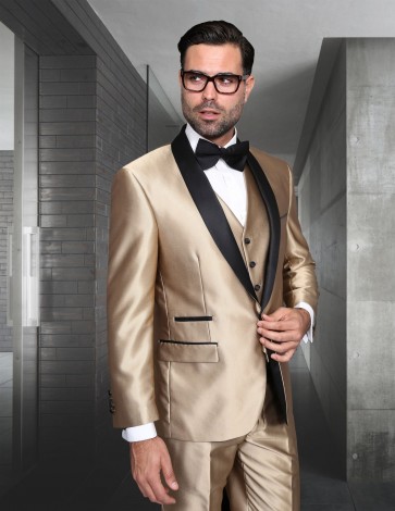 Mens Shawl Lapel Champagne Tuxedo Suit with Black Lapel and Matching Vest