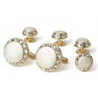 Cufflinks Studs MOTHER of PEARL CRYSTAL EDGE Set Gold