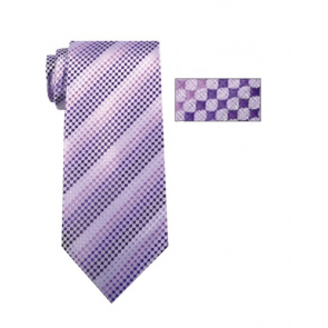 Mens Lavender and Purple Striped Pattern Skinny Necktie with Matching Pocket Square