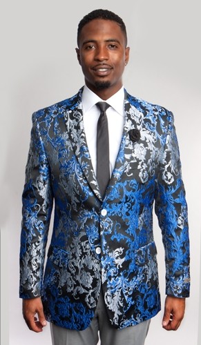 Mens Blazer Blue black and White Paisley Print  Sports coats- Blazer-Prom-Weddings
