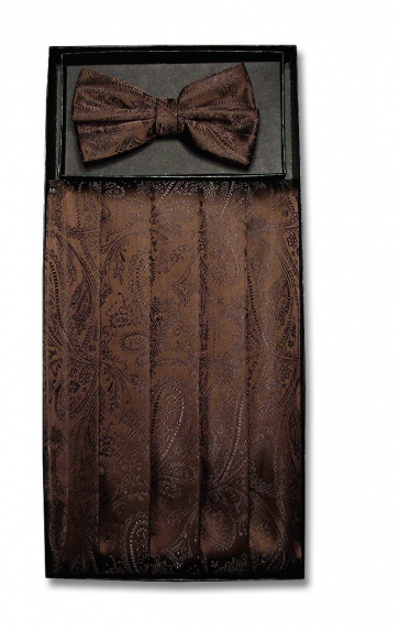 Mens Brown Paisley Pattern Cummerbund and Bowtie Set with Self tie Bowtie Option