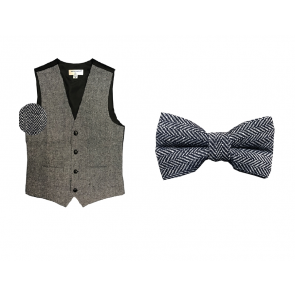 Mens Rustic Slim Fit Wool Tweed Vest with inner pocket Black and White two tone
