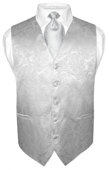Mens Paisley Tone On Tone Silver Vest with Tie Set