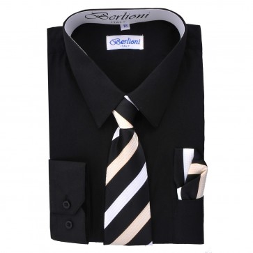 Boys Black Dress Shirt Tie and Hanky Set