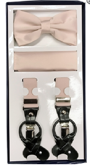 Mens Pearl Pink - Light Blush Suspenders Bowtie and Pocket Square