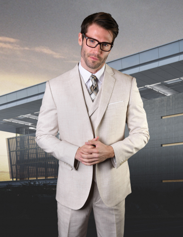 Men's Natural Color Suit 3 Piece Linen Suit with Double Breasted Vest