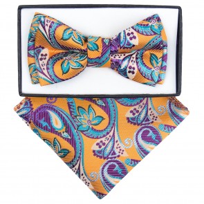 Boys Purple and Yellow Paisley Pattern Bowtie and pocket square