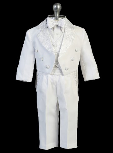 Boys White tails Tuxedo with Paisley Patttern Lapel- Vest- Bowtie
