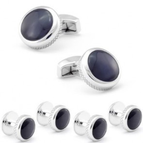 Tateossian Cushion Round Black Cufflinks and Stud Set