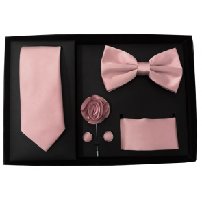 Mens Rose Gold Piece Gift Box Set Tie Bow-Tie Lapel Pin Handkerchief and Cufflinks