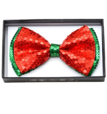 Mens Red and Green Sequin Pre-Tied Bow Tie- Mardi Gras- Holiday