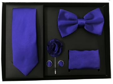 Mens Purple 5 Piece Gift Box Set Tie Bow-Tie Lapel Pin Handkerchief and Cufflinks
