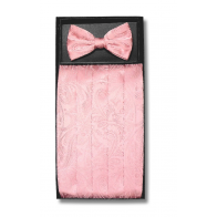 Mens Rose Gold Paisley Pattern Cummerbund and pre tied Bowtie Set with Self tie Bowtie Option