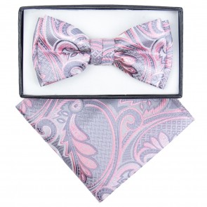 Boys Silver Flower Paisley Pattern Bowtie and pocket square