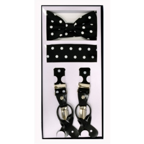 Mens Black and White Polka Dot Suspenders Bowtie and Pocket Square