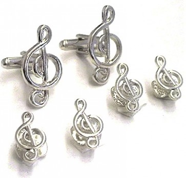 Cufflinks Studs Musical Treble Clef Silver Formal Set