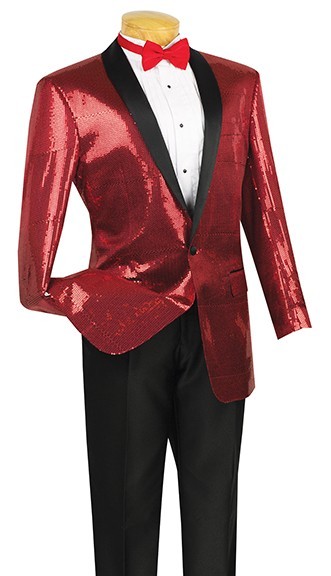 Sequin Sport Coat  Dinner Jacket Shawl Lapel- Blazer Black Gold and Red