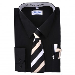 Boys Black Dress Shirt Tie and Hanky Set