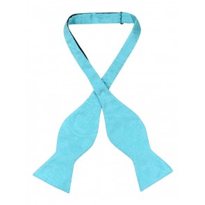 Mens Paisley Satin Self tie Bowtie Turquoise