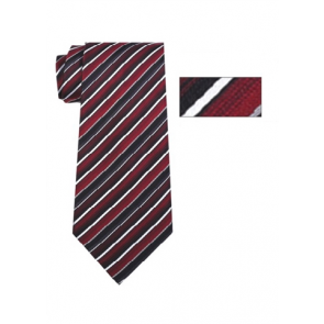 Mens Burgundy, Black and White Striped Skinny Necktie with Matching Pocket Square