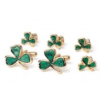 Shamrock Lucky Clover Cufflinks and Studs Set Emerald Green