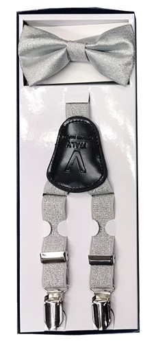 Boys Lame Metallic Silver or Gold Suspender and Bow Tie Sets with Clips