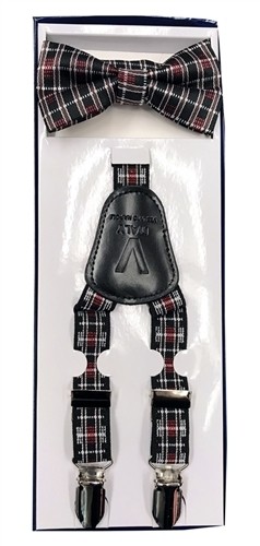 Boys Black & White and Red Checkered Suspender and Bow Tie Set